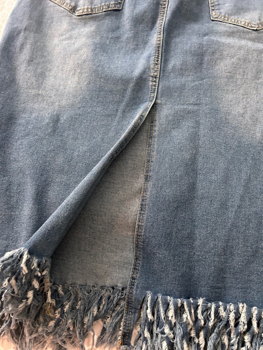 Denim Fringe Hem Midi Skirt - Blue    Size XL - Picture 5 of 6